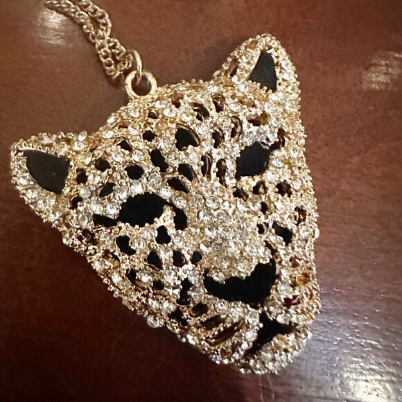 Natasha Couture Panther Lepard Gold tone Necklace Big Cat Rhinestone Jewelry - Picture 1 of 8